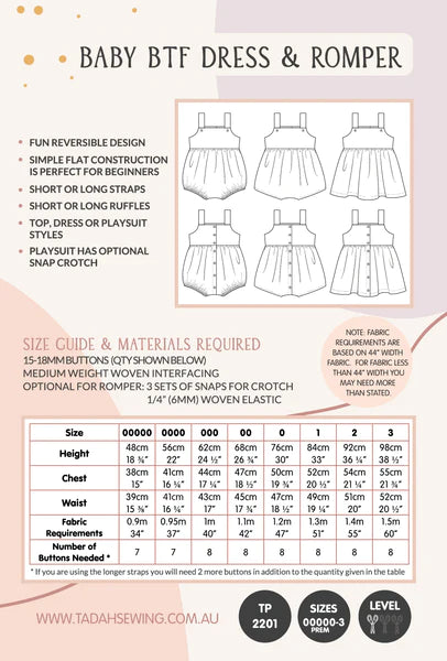 TP2201 Babies Back to Front Dress & Romper Pattern