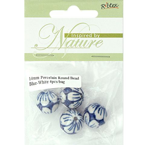 Round Porcelain Blue/White Beads 14mm 4Pk BD016